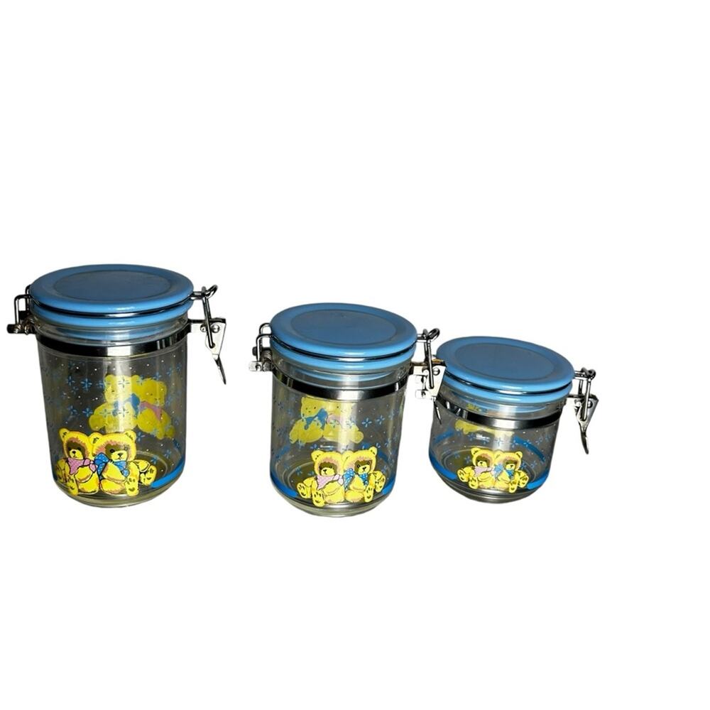 Set of 3 Vintage Country Bear Blue Canister Set